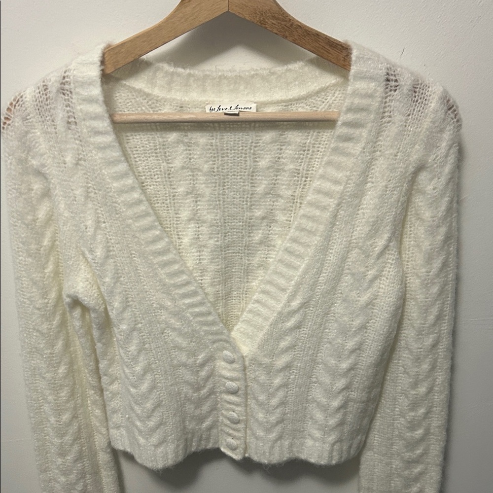 For Love & Lemons Cream Cable Knit V-Neck Cropped Cardigan